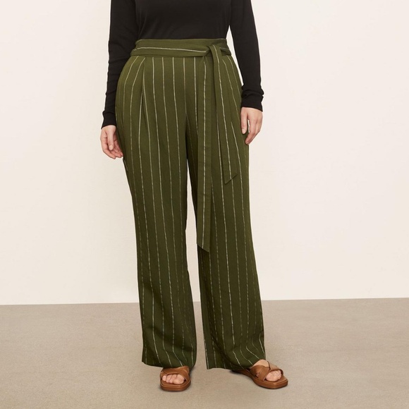 Vince Soft Stripe Belted Pull-On Pants XL Olive Green Wide Leg Trousers - Picture 1 of 10